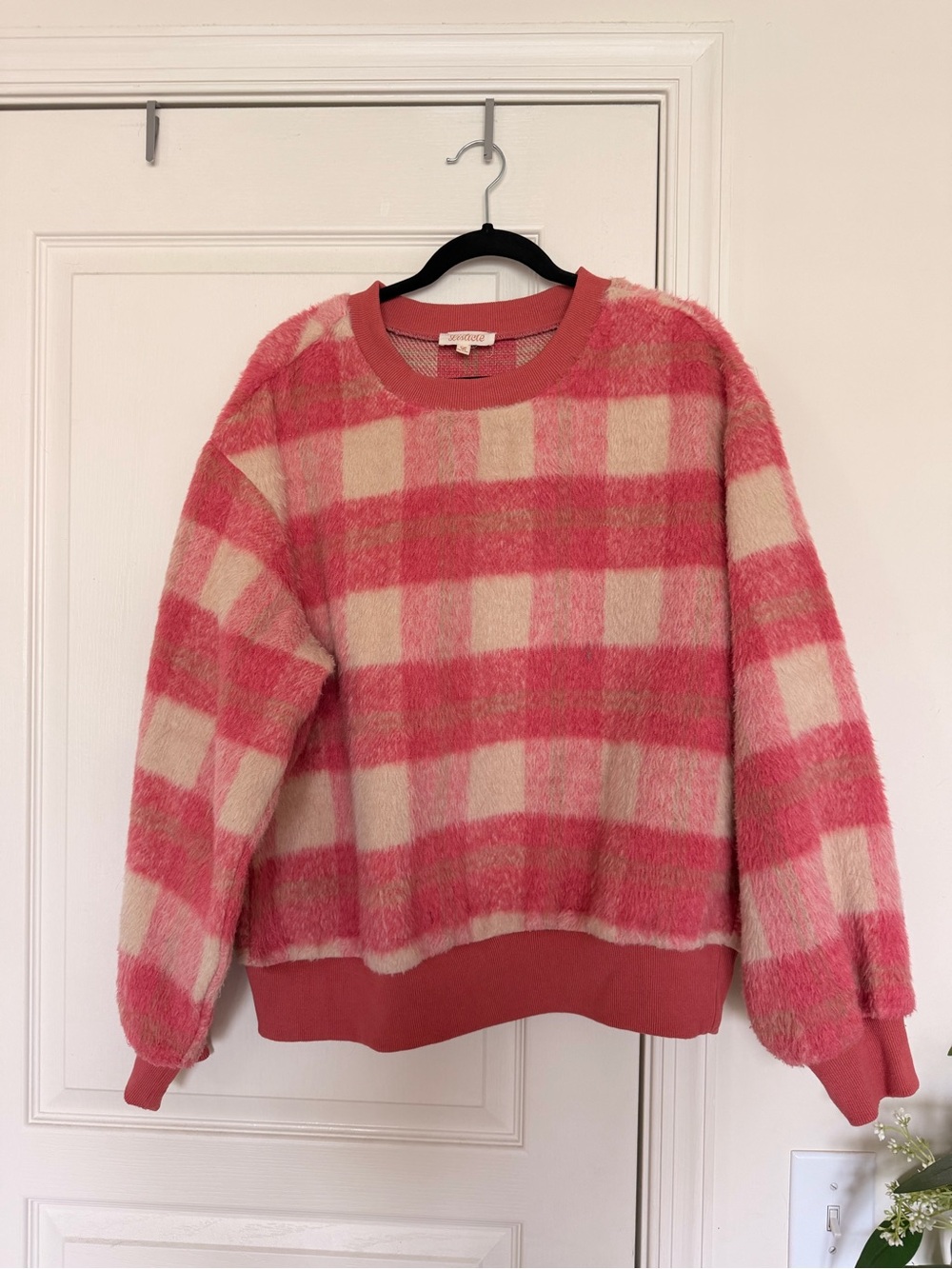 Listicle Pink and Cream Plaid Fuzzy Crewneck Sweater